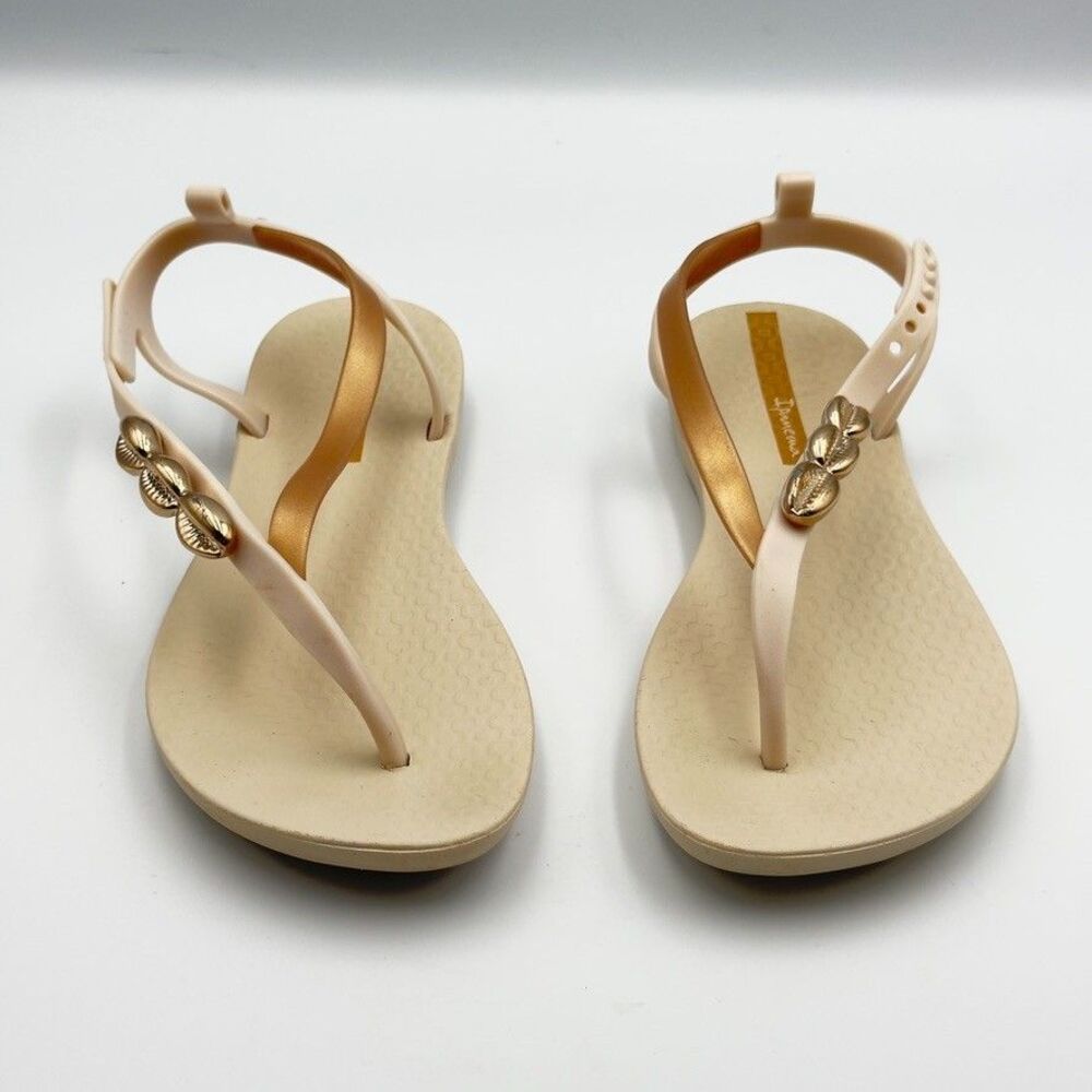 Ipanema Womens 5 Beige Gold Cowrie Shell T-Strap Sandal Brazil US5 EU35/36